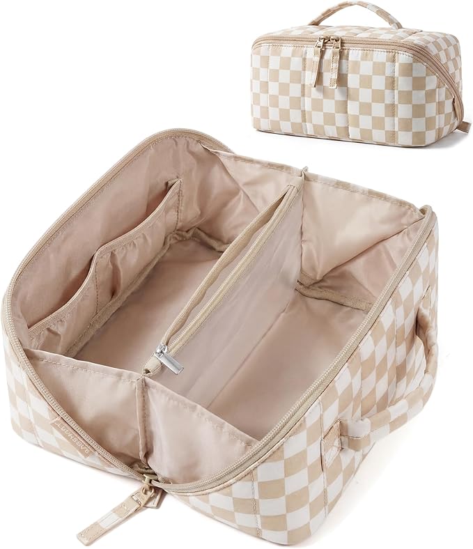 BAGSMART Travel Makeup Bag for Women, Portable Water-resistant Cosmetic Case, Puffy Padded Make Up Organizer Pouch, Open Flat Toiletry Bag for Toiletries, Brushes, Checkred Khaki
