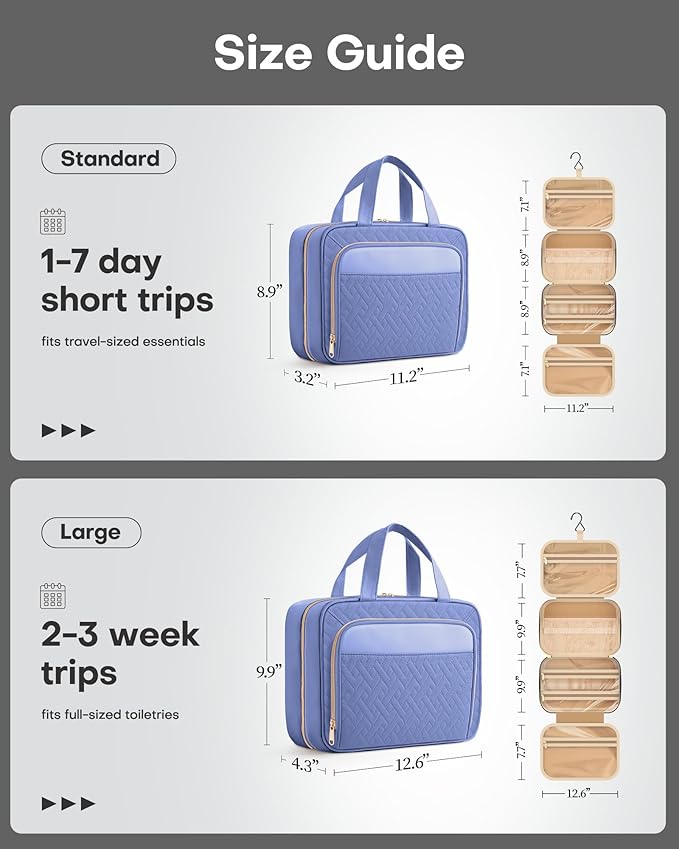 HOTOR Travel Toiletry Bag for Women & Men, Waterproof Makeup Bag with Hanging Hook and Multiple Pockets, Cosmetic Bags for Women, Travel Essentials, 12.6'' x 4.3'' x 9.9'', Aegean-Blue