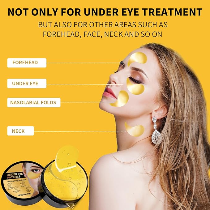24K Gold Eye Masks for Dark Circles and Puffiness 70PCS, Under Eye Patches for Puffy Eyes Treatment, Under Eye Gel Pads w/ Collagen, Caffeine, Peptides for Eye Bags Treatment, Gel Eye Mask Skincare