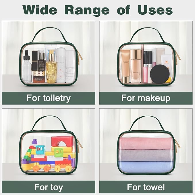 Wedama TSA Approved Toiletry Bag, 4 Pack Clear Makeup Bags with Handles, Quart Size Clear Toiletry Bags, PVC Cosmetic Bags for Women and Men, Carry on Airport Airline Compliant Bag, Dark Green