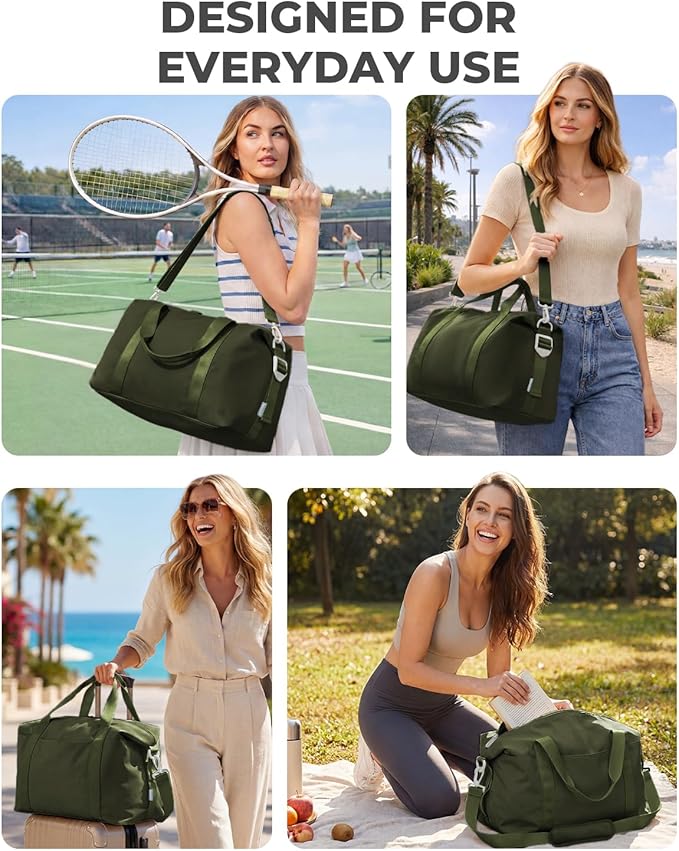 Percover Weekender Travel Duffel Bag for Women, Lightweight Soft-Structure 33L Carry-On, Water-Resistant Nylon with Shoulder Strap & Trolley Sleeve, Personal Item Friendly, Olive Green