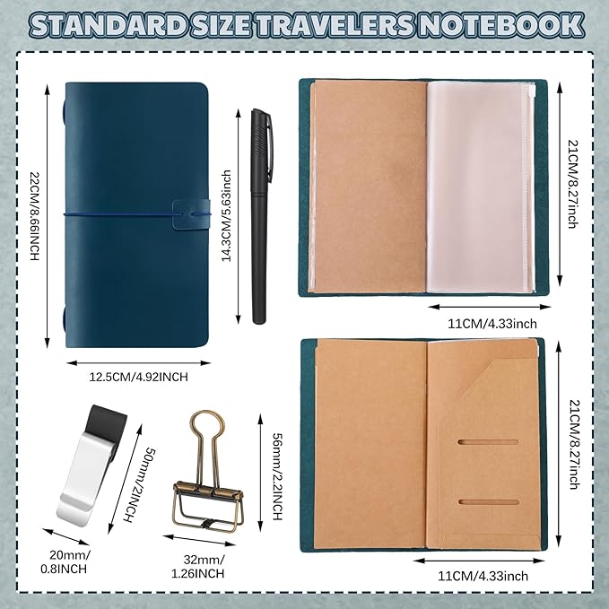 Thenshop Travelers Refillable Leather Journal Notebook Travel Diary Handmade Passport Travelers Journal for Men and Women with 3 Notebook Inserts, Pen Holder, Binder Clip(Blue,Stand Size)