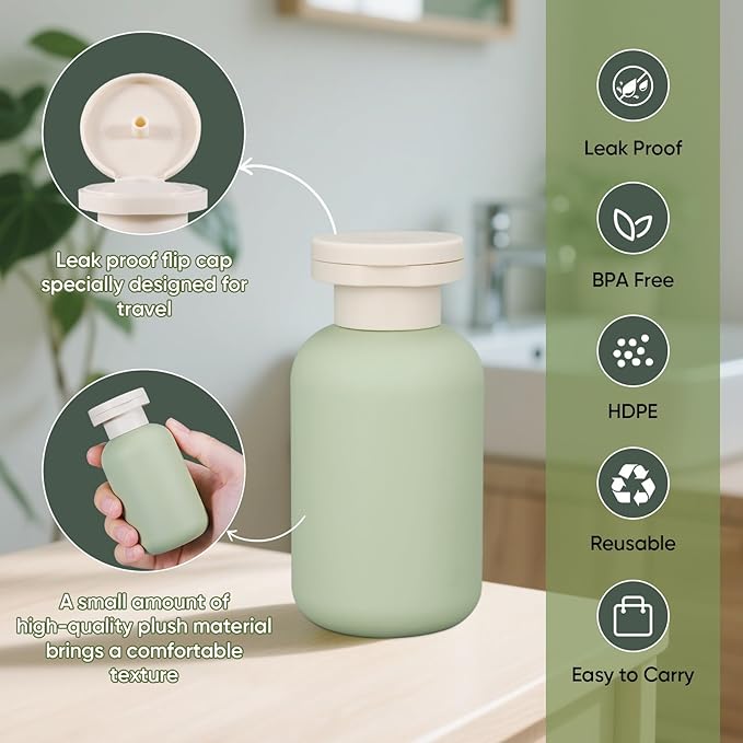 DEMORA 3.4 oz Travel Size Bottles TSA Approved for Toiletries, Leak Proof Plastic Travel Squeeze Bottles Refillable Toiletry Containers with Flip Caps and Labels for Shampoo Lotion (Green, 4 Pcs)