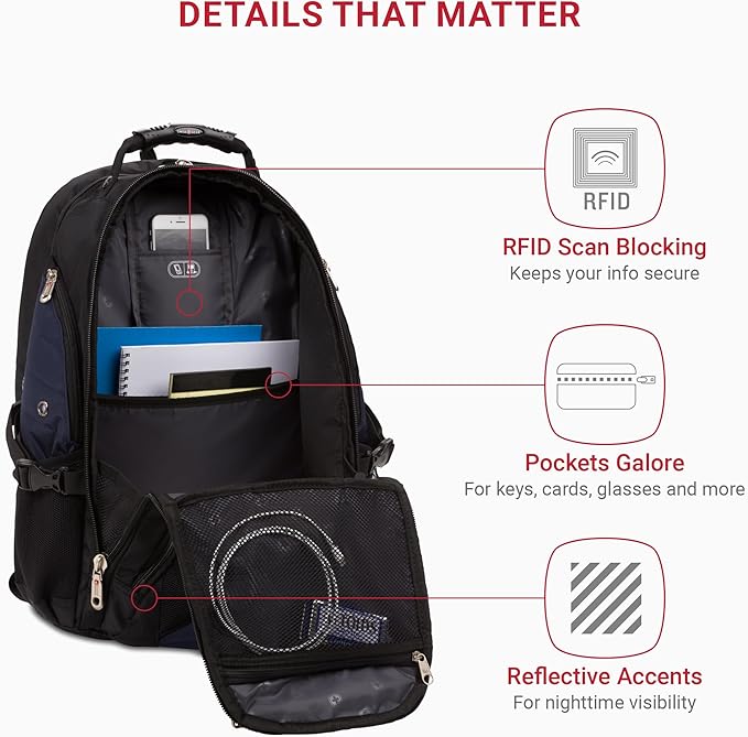 SWISSGEAR 1900 ScanSmart TSA Laptop Backpack Fits 17 Inch Laptop with RFID Protection and Tablet Pocket, Blue/Black, 19-Inch