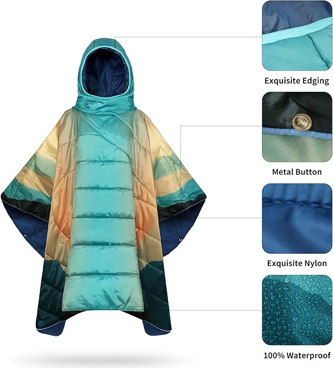 Camping Blanket,Hoodie Blankets Poncho Outdoor Waterproof Windproof Warm Durable & Portable for Stadium, Concerts, Car,Travel, Beach, Picnic, Grass,75 * 53 inch