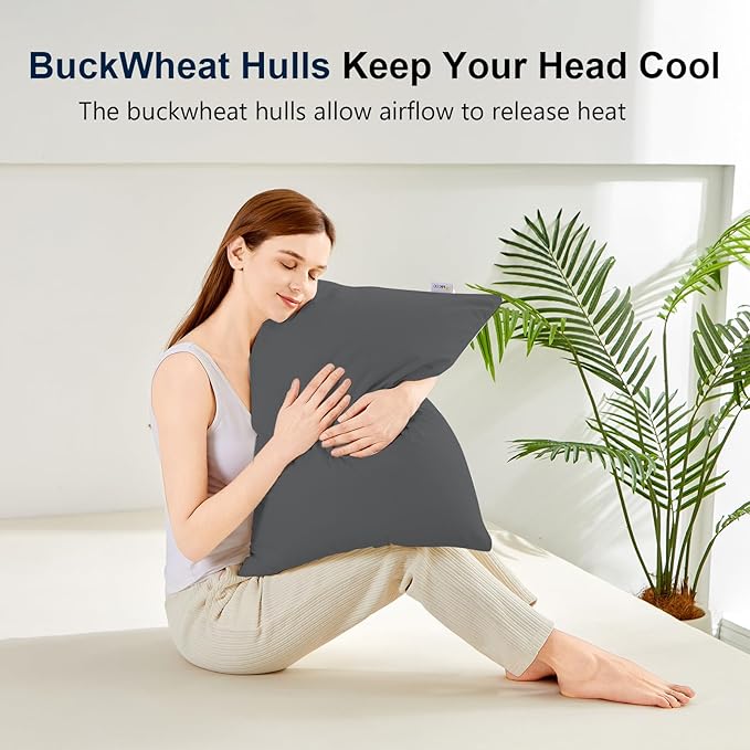 Organic Buckwheat Pillow for Sleeping with Dual-Layer Pillowcase and Extra Tartary Buckwheat Hulls, Adjust Height and Firmness, Neck Support Pillow for Back and Side Sleepers 14"x20", Dark Grey