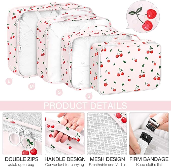 KPX 8 Set Packing Cubes for Travel, Luggage Packing Organizers Accessories Large Toiletries Bag for Clothes Shoes Cosmetics (Cherry)