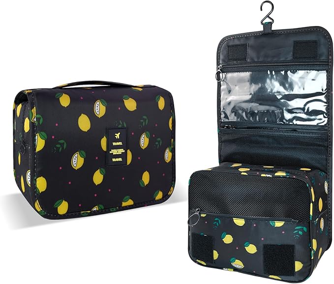 Large Capacity Toiletry Bag Travel Bag with Hanging Hook for Men and Women Waterproof Travel Cosmetic Bag Bathroom Storage Bag for Brushes Set,Full-Sized Shampoo,Accessories-Black Lemon