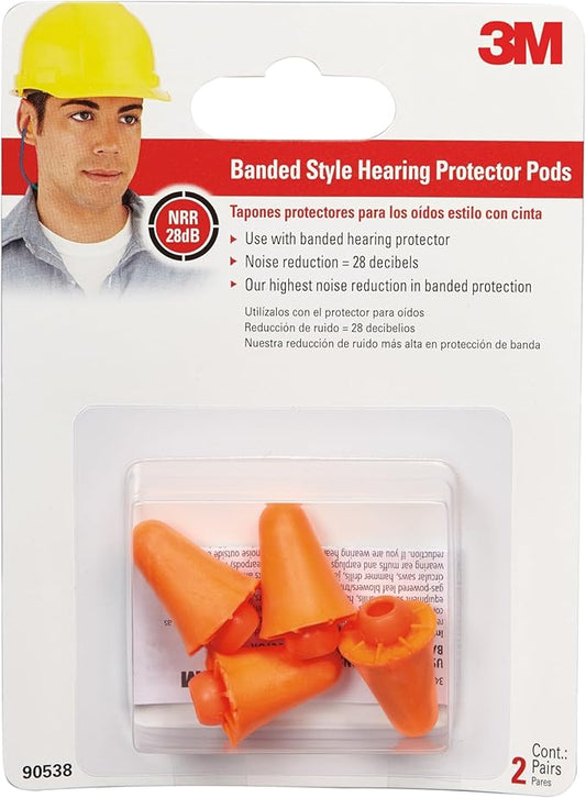 3M Replacement Pods for Banded Protector Model # 90537H1-DC, 2 Pairs (4 Total Pods), Noise Reduction Rating (NRR) 28 dB, Easy To Insert & Remove, Orange Ear Plug Replacements (90538-2-10DC)