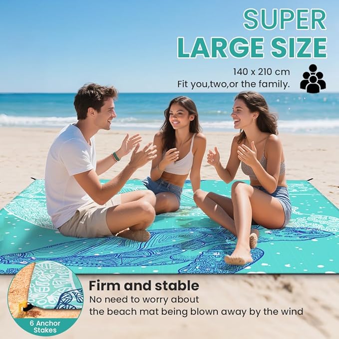 Ainiv Beach Blanket, Large Beach Mat 140 x 210 cm (2-3 People) Foldable, Sandproof Waterproof, Camping Outdoor Blanket with 6 Fixed Nails for Beach, Hiking, Picnic