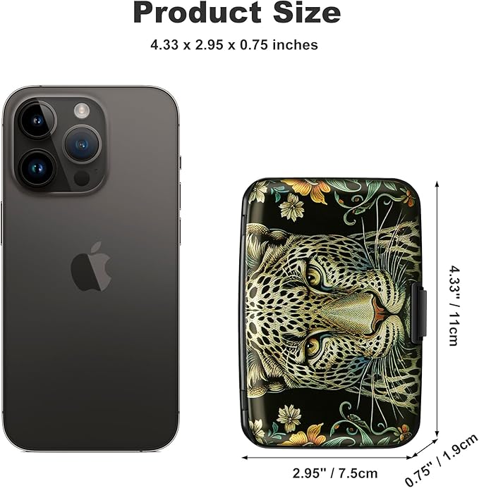 ELFISH Mini RFID Aluminum Wallet Credit Cards Holder Business Card Case Metal ID Case for Men Women(Black Leopard)