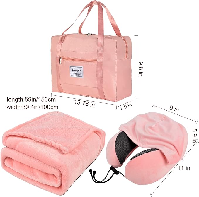 Travel Blanket Pillow Set - Travel Neck Pillow & Blanket for Airplane, Thick Fleece Plane Blanket, Hooded Memory Foam Neck Pillows, Foldable Duffel Bag, Sleep Mask, Earplugs for Plane Traveling, Pink