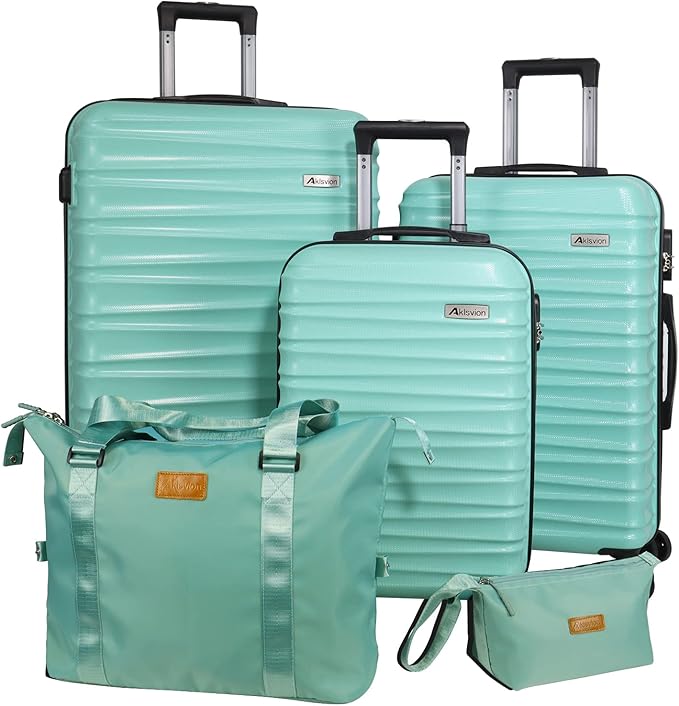 Luggage Sets 3 Piece(20/24/28)-Suitcase Set- Luggage with Wheels-PC + ABS Durable Lightweight Rotating hardshell suitcase 5PCS(Mint Green)…