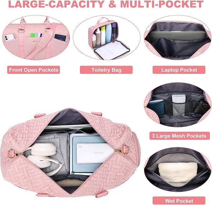Women Weekender Travel Duffle Bag: Travel Duffel Overnight Bags with Shoe Compartment Large Carry on Tote with Toiletry Bag Weekend Traveling Yoga Gym Hospital Bag for Women with Wet Pocket Pink