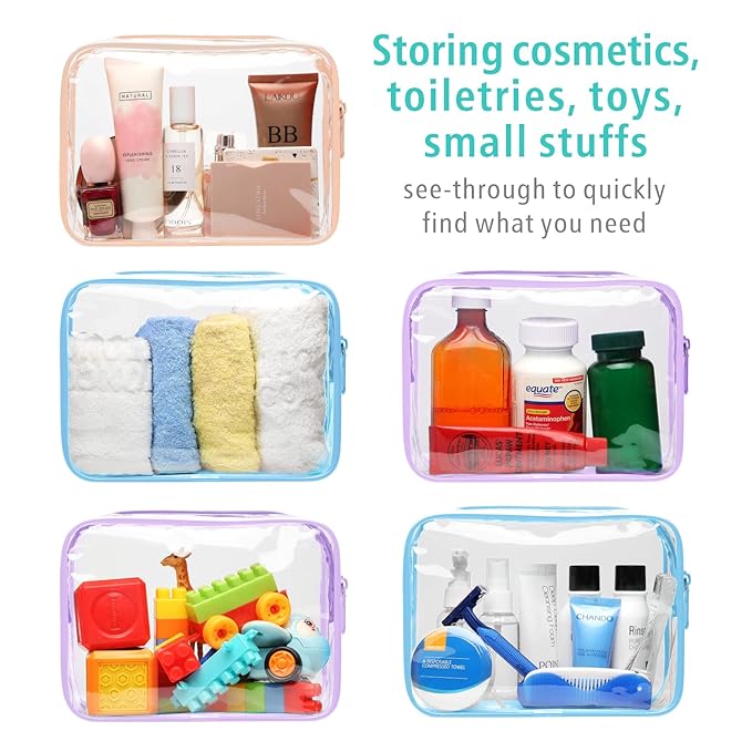 F-color TSA Approved Toiletry Bag 3 Pack Medium - Clear Makeup Bag Travel Quart Size for Women Men, Clear Cosmetic Bag Airport Airline Compliant Carry on Bag, Macaron Blue Purple Pink