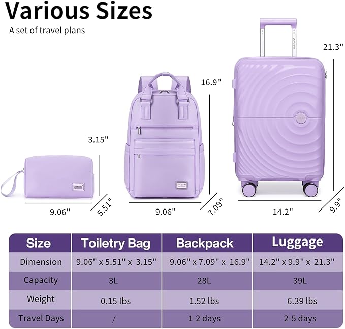 Carry On Luggage Set 22x14x9 Airline Approved, Expandable 20 Inch Carry-On Suitcases With Wheels, Lightweight Luggage Sets 3 Pieces With Backpack, Lavender