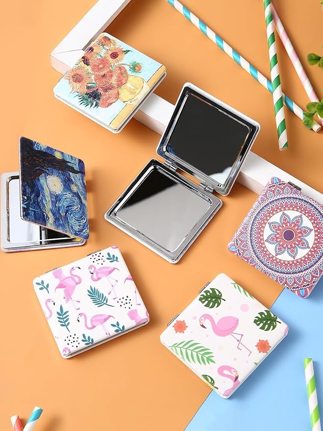 OMIRO 1X/3X Magnifying Mirror, Unique Painting Compact Mirror with Classical PU Leather (Flamingo and Tropical Print)