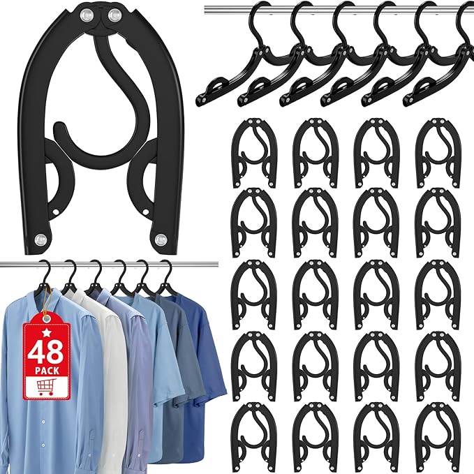 48 Pcs Portable Folding Travel Hangers for Cruise Ship Essentials 2026, Plastic Hanger Clothes Drying Rack for Suitcase, RV, Camping, Flying, Hotel, Road Trip Essentials Travel Accessories (Black)