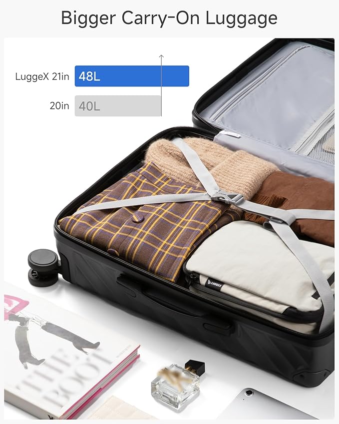 LUGGEX Carry On Luggage for Airplanes, KVC Polycarbonate Hard Shell Suitcase for Travelling (EX-Core, Charcoal Metallic, 21 Inch, 48L)