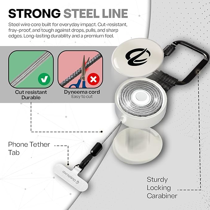 ClutchLoop Anti-Theft Phone Tether - Universal Adhesive Anchor, Retractable Steel Line and Locking Carabiner