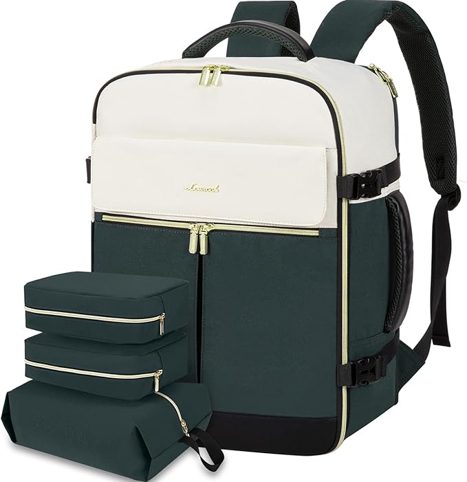 LOVEVOOK Travel Backpack, Carry On Backpack for Women, 40L Flight Approved Personal Item Backpack, Large Water Resistant Luggage Daypack with 3 Packing Cubes, fits 17inch Laptop, Beige-green-black