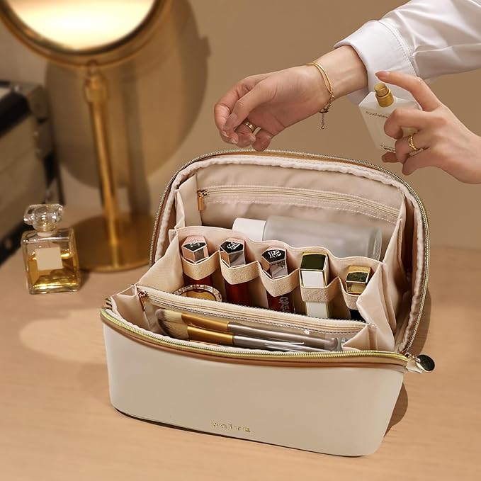 Prite Makeup Bag for Women Travel Waterproof Vegan Leather Cosmetic Bag Open Flat Toiletry Bag With Clear Divider and Handle (Large Beige Pro)