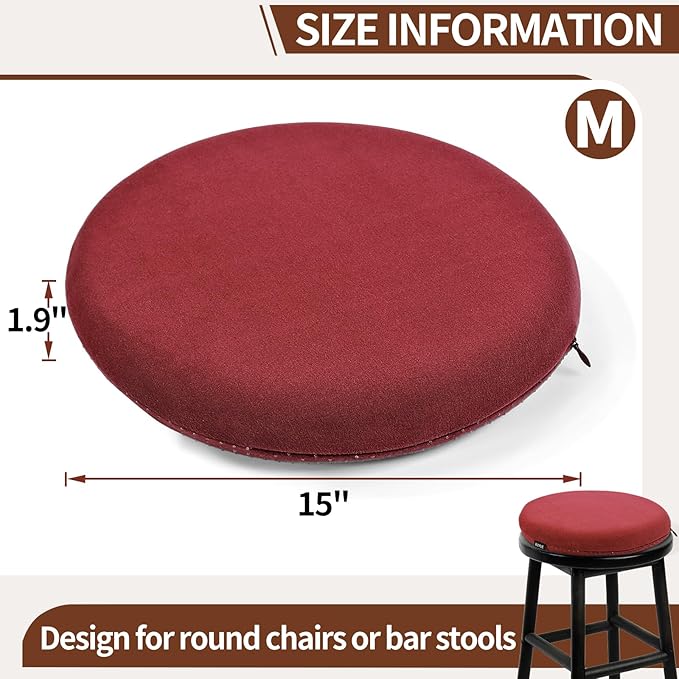BUYUE Memory Foam Seat Cushion, Dia 15" Soft Velvet Round Stool Cushion Anti-Slip Chair Pads, M, Red