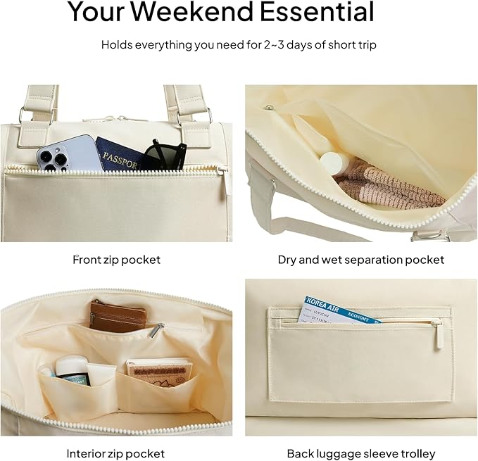 Travel Duffle Bag for Women, 40L Weekender Bags Airline Approved Carry On with Shoe Compartment & Waterproof Wet Pocket, Durable Nylon Weekender Overnight Bag for Travel, Gym, Business Trip, Beige