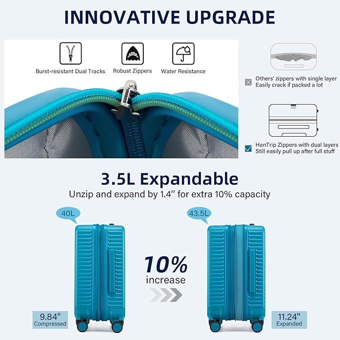 HanTrip Hard Shell Suitcases 20 Inch Carry on Luggage Airline Approved with Wheels, Expandable Travel Luggage with Cup Holder Charger Built in Lightweight Small Suitcase, Caribbean Blue