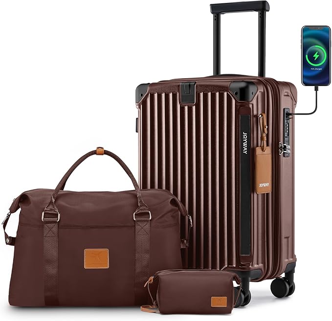 Joyway 20in Carry On Luggage with Cup Holder and USB Port, 25% Expandable Capacity, Smart Suitcase Set with Anti Slip Wheels and Handbag, Perfect for Men and Women (Coffee, Carry-On 20-Inch Handbag)