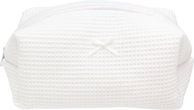 PAZIMIIK Cozy Makeup Bag Travel Cosmetic Bag for Women Soft Toiletry Bag Aesthetic Makeup Organizer Portable Large Zipper Pouch for Skincare Beauty Accessories Brushes Waffle Check White
