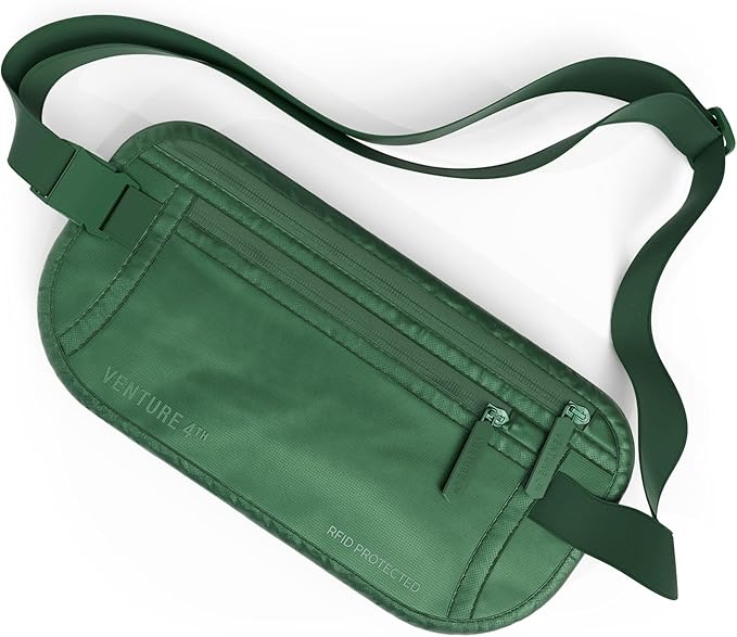 VENTURE 4TH Money Belt for Travel – Hidden Under-Clothes RFID Blocking Passport Holder & Slim Travel Wallet Pouch for Men & Women to Protect Cash, Cards & Documents (Sleek Army Green)