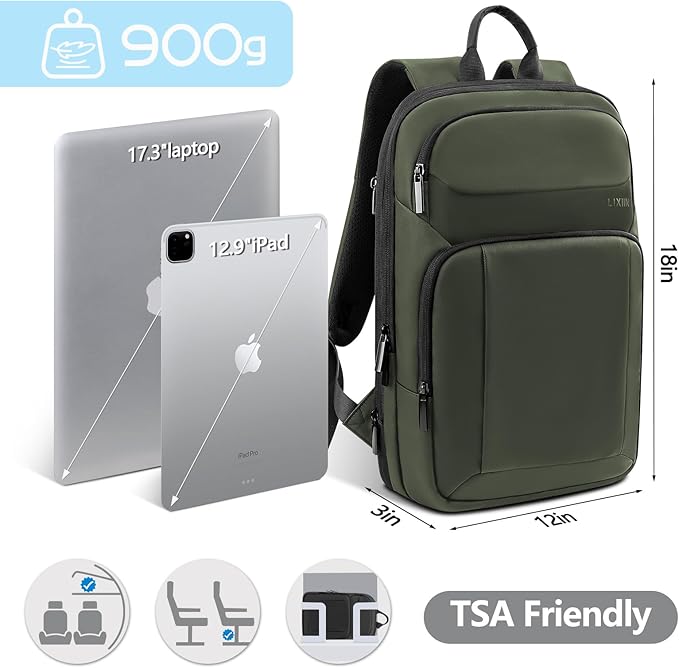 Backpack for Men Slim & Expandable Travel Laptop Backpack with USB Charging Port Water Resistant Anti-Theft Business Backpack Fits 17.3In Laptop for Commute Work College with Small Bag(Olive Green)