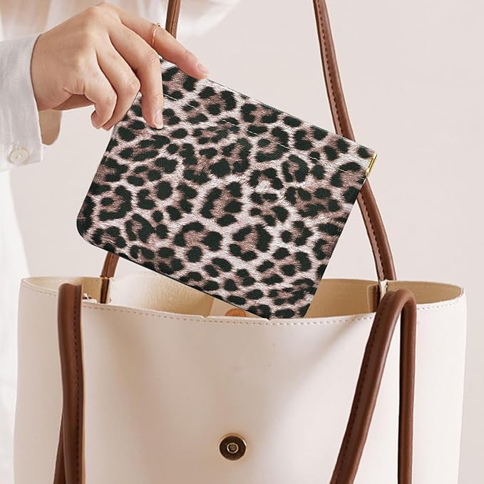 Leather Pocket Cosmetic Bag for Purse,Coin Purse Lipstick Cosmetic Accessories Organizer, Travel Kit Storage Pouch,Waterproof Portable No Zipper Self-closing (Leopard print)