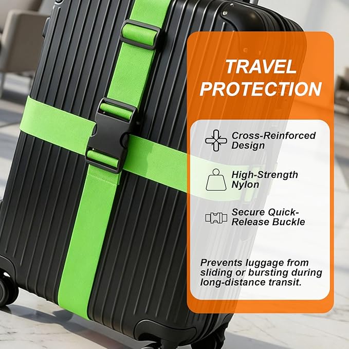 4 Pack Adjustable Luggage Straps for Suitcases – Secure Lock Travel Belts, 40''–78'' Fit, Easy Luggage Identification (Green)