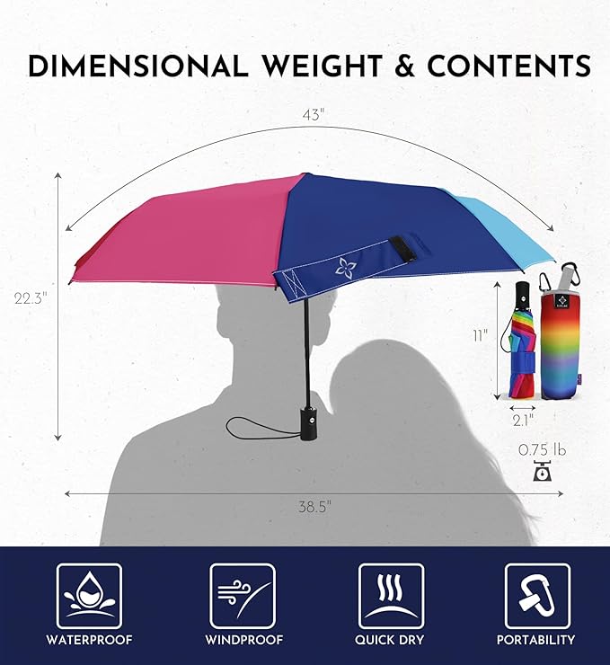 Windproof Travel Umbrella for Rain - 43" Auto Open Close 8-Rib Compact, Stylish Two-Tone Color Block Design, Easy-Close Folding Portable Parasol for Men & Women