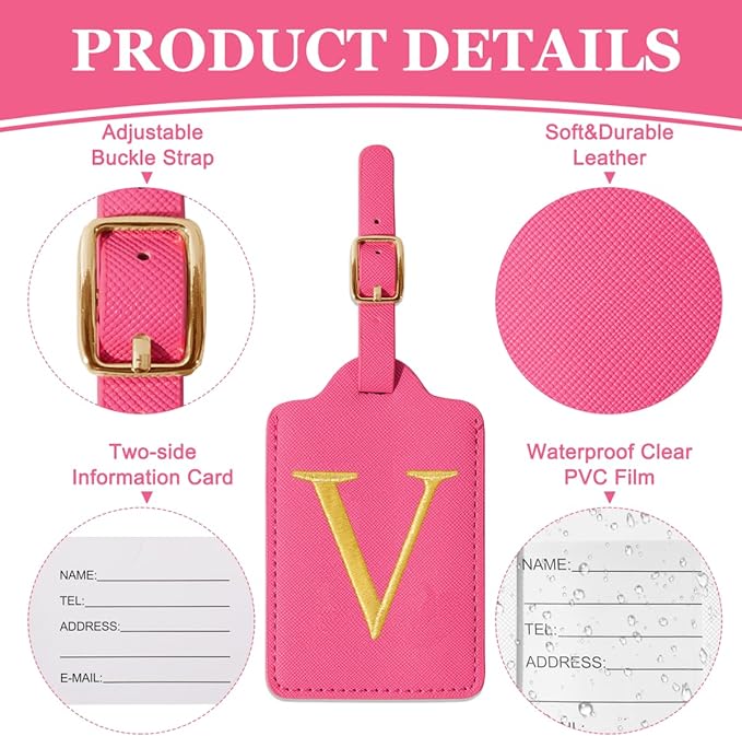 Personalized Initial Luggage Tags for Suitcases,Leather Letter Cute Luggage Tags with Privacy Name Card,Embroidered Monogrammed Travel Bag Backpack Tag Gifts for Women Kids Girls Teens(Rosered-V)