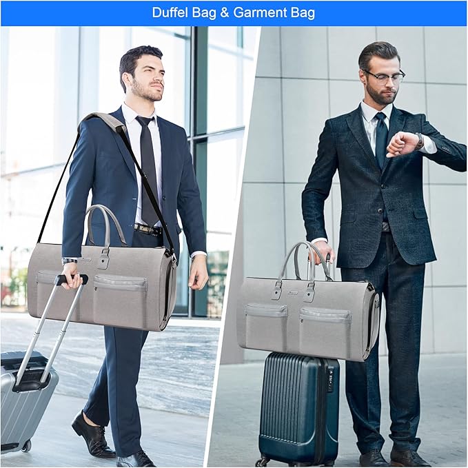Modoker Convertible Garment Bag with Shoulder Strap, Carry on Garment Duffel Bag for Men Women - 2 in 1 Hanging Suitcase Suit Travel Bags, Light Grey