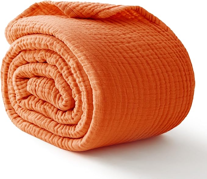 100% Cotton Muslin Blanket Queen 90" x 90", 6 Layers Breathable and Lightweight Cotton Throw Blankets for Bed, Soft Cooling Summer Gauze Blanket for Adults All Season, Orange