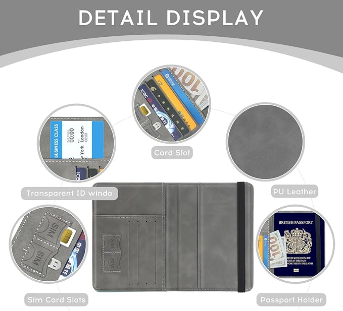ILIYAH-Passport Cover-Passport Holder Travel Wallet-RFID Blocking Passport Case Travel Accessories Card Holder Wallet Unisex Travel Gifts (Grey)