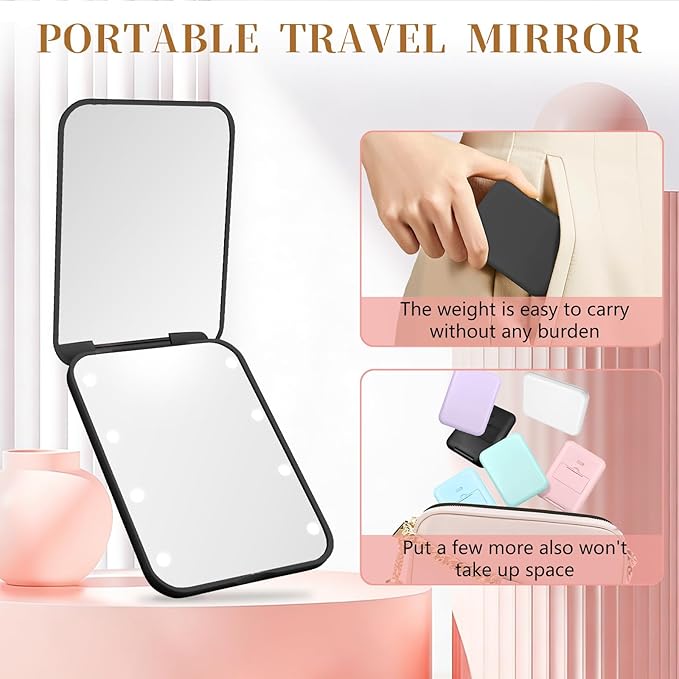 Kakuje Compact Mirror, 1X/3X Magnification LED Pocket Mirror with Nternal BIattery, Mini Mirror for Purse, Pocket,Travel and Present (Black)