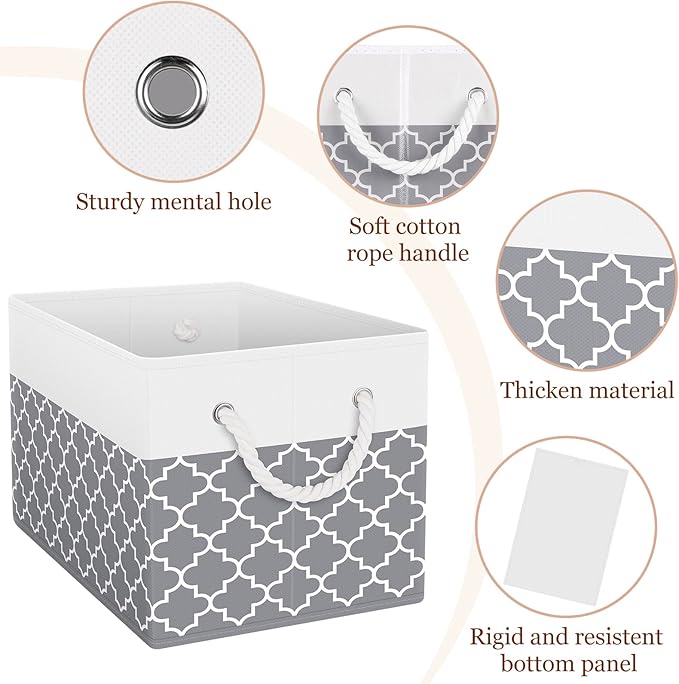 Fab totes Storage Bins [8-Pack], Foldable Storage Baskets for Organizing Toys, Books, Shelves, Closet, Large Storage Box with Rope Handles, Sturdy Organizer Bins,Clover Grey
