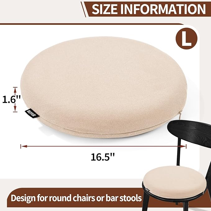 BUYUE Memory Foam Seat Cushion, Dia 16.5" Soft Velvet Round Stool Cushion Anti-Slip Chair Pads, L, Beige