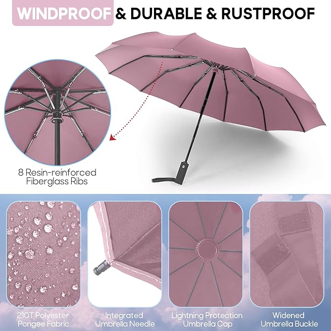 Travel Compact Umbrella, Folding Travel Umbrella for Rain and Shine Small, Windproof Automatic Open/Close, Portable Umbrellas