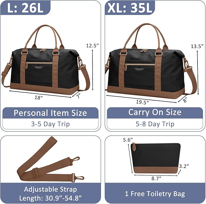Travel Duffle Bag for Women, Weekender Bags, Hospital Bag for Labor Delivery, Lightweight Tote Duffel Overnight Bag with Luggage Sleeve, Airplane Travel Bags with Toiletry Bag, Large, Black