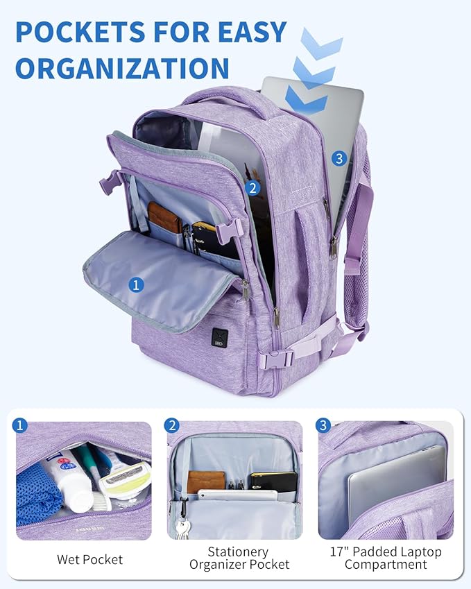 WANDF Travel Backpack For Spirit Airlines Personal Item Bag 18x14x8 with Wet Pocket, 17 Inch Laptop Backpack for Men Women（Purple）