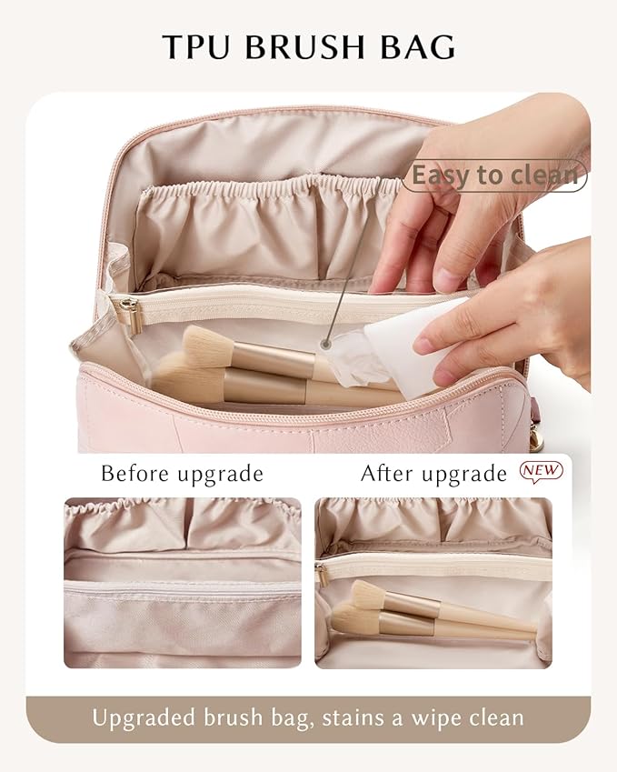 Makeup Bag, Cosmetic Bags toiletry bag for Women, Waterproof PU Leather Make Up Pouch Organizer Travel Essentials Organizer with Divider For (Pink)