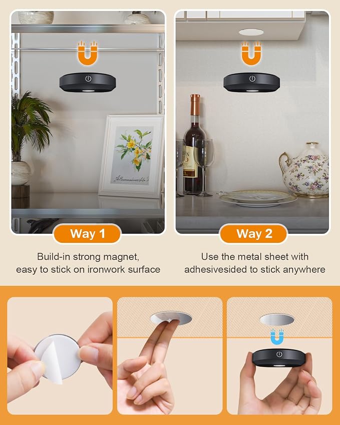WILLED RGB Under Cabinet Lights,Rechargeable Puck Lights with Remote Control, Wireless Push Light with Timer Function,Dimmable LED Touch Tap Light for Kitchen,Cabinet,Closet, Counter,3 Pack
