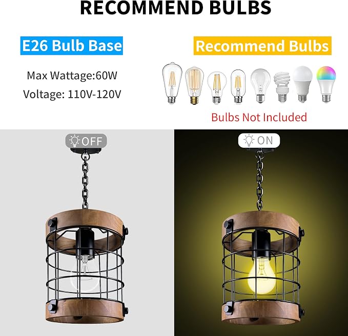 Farmhouse Pendant Light Fixtures, Wood & Metal, E26 Max 60W | Rustic Hanging Lamp for Kitchen, Sink, Entryway – Adjustable 47.2" Pipe, Sloped Ceiling Compatible, LED/Incandescent