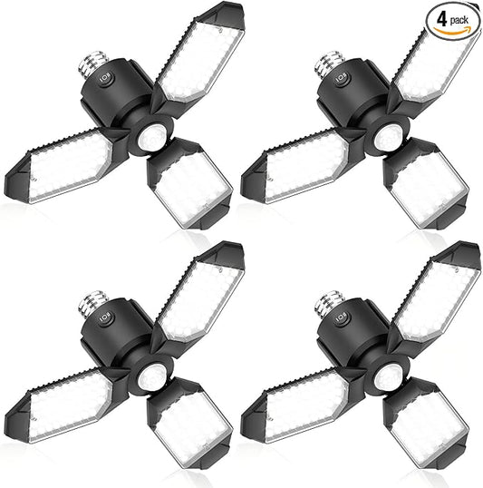 toberich 4 Pack Motion Sensor Garage Lights, 8000LM Shop Light 6500K | 3 Modes, 3 Deformable Panels, Indoor Motion Activated Light Bulb for Garage Workshop Laundry Room Basement
